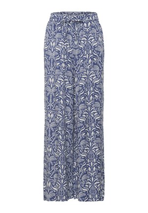 Blue and white wide-leg pants with an elastic waistband and intricate floral and vine pattern throughout.