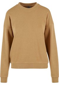 Sweatshirt marron manches longues à encolure ronde avec poignets et ourlet côtelés, coupe ample, et petite étiquette visible à l'intérieur du col.