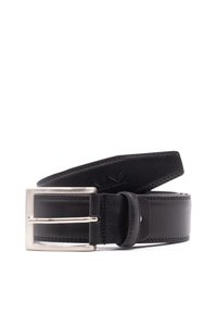 Black leather belt with a smooth finish, featuring a silver metal buckle and stitched detailing along the edges.