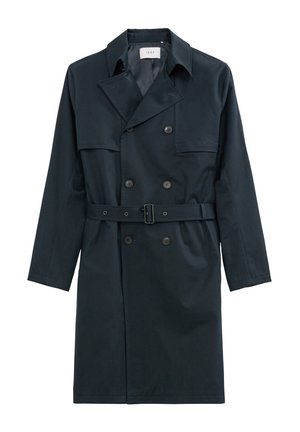 Marineblauwe trenchcoat met een dubbelbreasted ontwerp, een grote kraag, een ceintuur in de taille en twee voorkruiken, gemaakt van gladde stof.