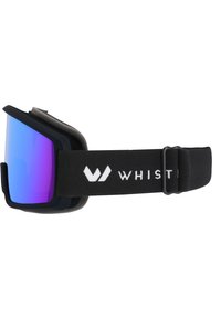 Zwarte skibril met een brede, gebogen lens met een blauw en paars verloop, schuimrubberen padding en een verstelbare band met het "WHIST" logo.