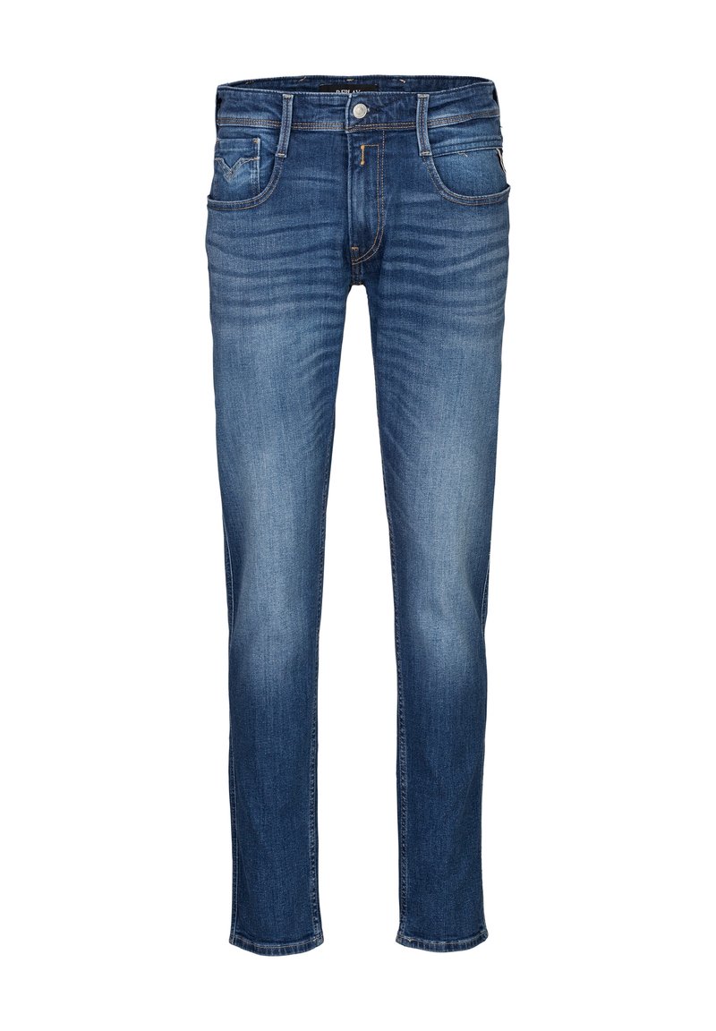 Dark blue denim jeans with a straight leg design, featuring a front button closure, five pockets, and subtle fading patterns.