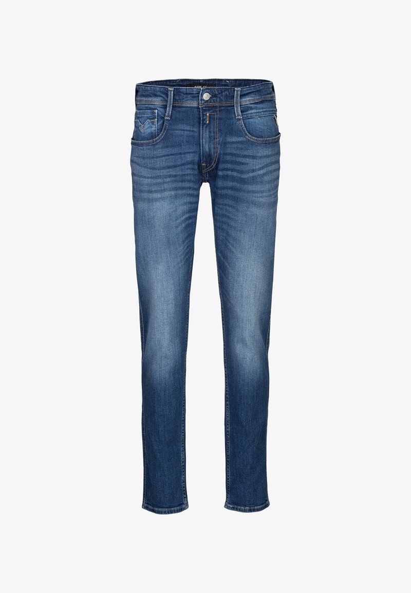 Tmavomodré denimové nohavice so strihom rovnej nohy, s predným uzatváraním na gombík, piatimi vreckami a jemnými vzormi vyblednutia.