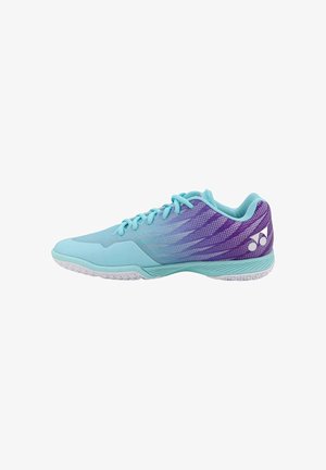 Light blue and purple low-cut sports shoe with laces and textured sole, designed for indoor athletic activities.