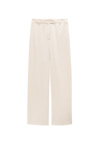 Spodnie z szerokimi nogawkami w jasnobeżowym materiale o gładkiej fakturze, wyposażone w szlufki na pasek, przednie kieszenie oraz zapięcie na suwak.