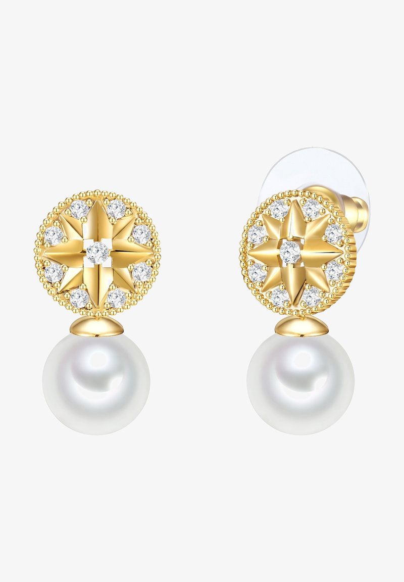 Auksiniai auskarai su apvalia forma ir žvaigždės raštu, papuošti skaidriais akmenimis ir balta perla, kabantį apačioje.