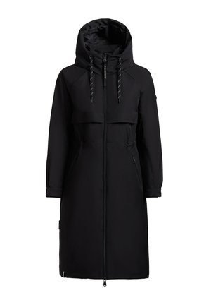 Manteau long noir à capuche avec fermeture éclair à l'avant, cordons de serrage ajustables sur la capuche, manches longues et poches latérales zippées.