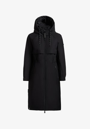 Manteau long noir à capuche avec fermeture éclair à l'avant, cordons de serrage ajustables sur la capuche, manches longues et poches latérales zippées.