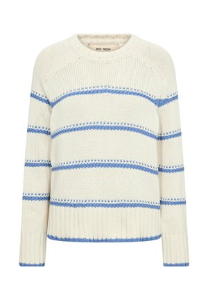 Krēmkrāsas adīts džemperis ar gariem piedurknēm un horizontālām gaiši zilām svītrām uz ķermeņa un piedurknēm, ar ribveida manžetēm un apakšmali.