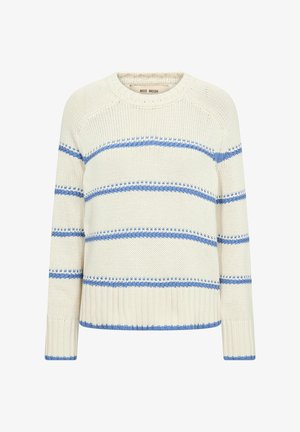 Krēmkrāsas adīts džemperis ar gariem piedurknēm un horizontālām gaiši zilām svītrām uz ķermeņa un piedurknēm, ar ribveida manžetēm un apakšmali.