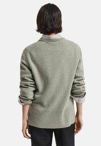 Persona con capelli corti e scuri che indossa un maglione grigio chiaro sopra una camicia a righe, maniche rimboccate, in piedi con la schiena rivolta verso uno sfondo bianco.