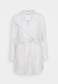 Abrigo de mezcla de lana gris claro, con cinturón, solapas anchas, mangas largas y abertura frontal, de la marca Forever New.