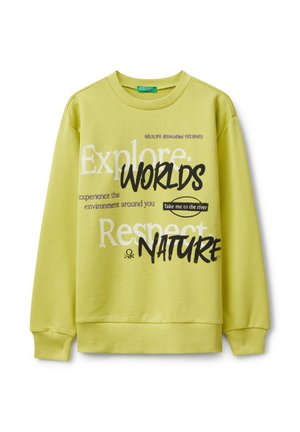 Felpa verde chiaro con polsini e orlo a costine, con grafiche testuali: "Esplora mondi", "Rispetta la natura" e "Portami al fiume."