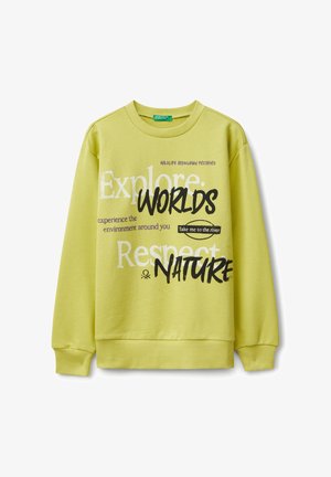 Felpa verde chiaro con polsini e orlo a costine, con grafiche testuali: "Esplora mondi", "Rispetta la natura" e "Portami al fiume."