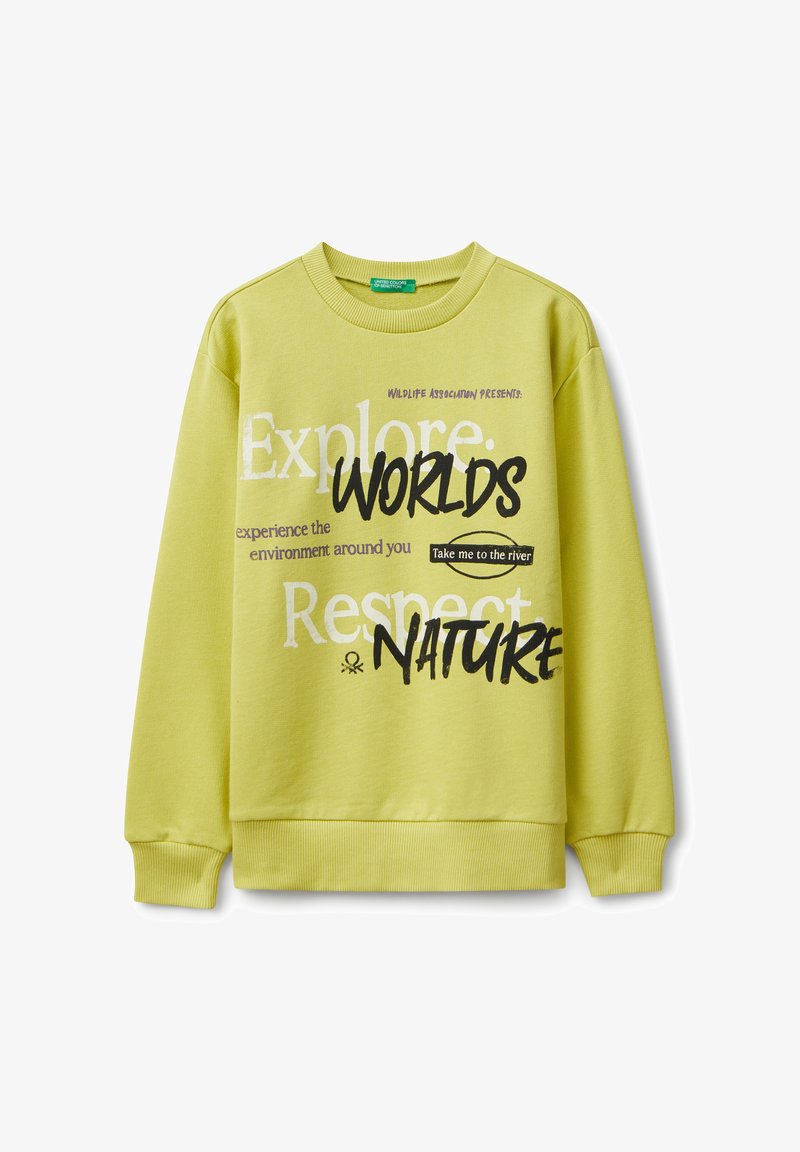 Felpa verde chiaro con polsini e orlo a costine, con grafiche testuali: "Esplora mondi", "Rispetta la natura" e "Portami al fiume."