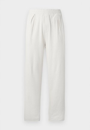 White textured pants with elastic waistband and side pockets, straight leg fit, displayed against a light background.