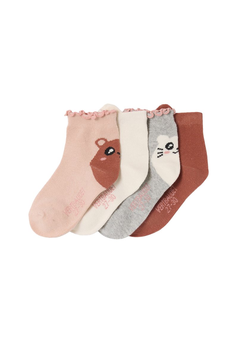 Vier Paare Kindersocken in Knöchelhöhe in den Farben Rosa, Creme, Grau und Rost, mit Bären- und Katzenkopfmotiven auf zwei Paaren.