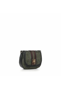 Bolso cruzado verde y negro con patrón floral en relieve, cierre dorado y rayas verticales color burdeos en la parte frontal. Textura suave.
