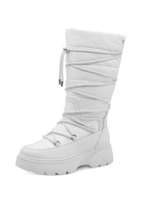 Λευκή γυναικεία χειμερινή μπότες έως το γόνατο με χοντρή σόλα, επενδυμένο πάνω μέρος και δεσίματα από τυλιγμένο σχοινί για ασφαλή εφαρμογή και στυλ.