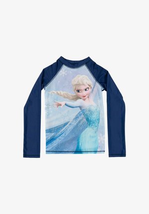 Long-sleeve navy shirt featuring a blonde female character in a blue dress with outstretched arms and snowflake patterns on the torso.