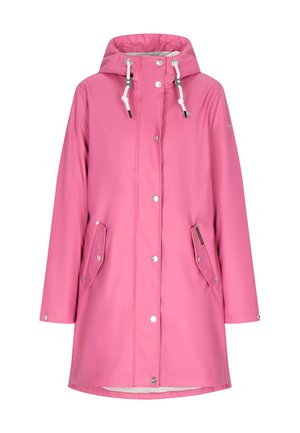 Giacca impermeabile rosa con cappuccio, dotata di bottoni a pressione, due tasche laterali e cordini bianchi. Texture liscia con una vestibilità rilassata.