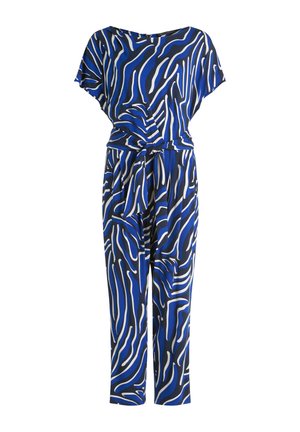 Modrý overal s čiernobielymi abstraktnými zebrovými pruhmi, krátkymi rukávmi a látkovým opaskom v rovnakom vzore v páse.