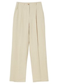 Beige vida byxor i textil med struktur, med en knappstängning, två framfickor och frontveck för en skräddarsydd look.