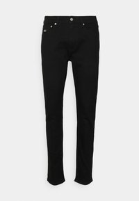 Slim-fit black denim jeans with five-pocket style and silver button closure on a plain white background.