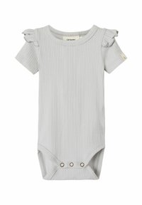 Lys grå stripete baby bodysuit med volanger på ermene, forsterkede knapper nederst og rund halslinning. Myk tekstur.