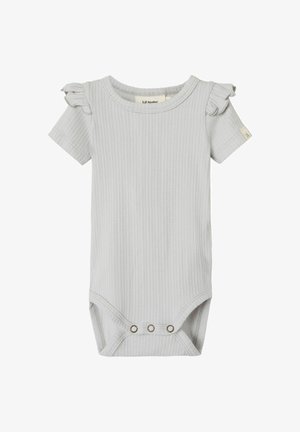 Lichtgrijze geribbelde baby-body met ruches op de mouwen, verstevigde drukknoopjes onderaan en een ronde halslijn. Zachte stoftextuur.