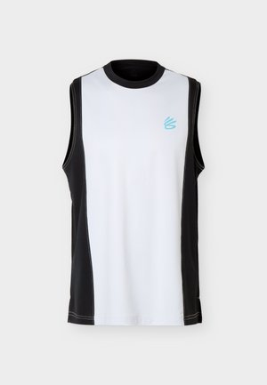 Maglietta sportiva senza maniche con pannello frontale bianco, lati neri, colletto nero e un piccolo logo blu sul petto in alto a sinistra.