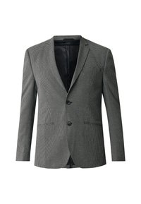 Blazer a quadri grigi con vestibilità su misura, due bottoni, rever a punta e tasche frontali. Fodera interna nera e texture liscia.