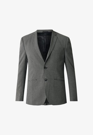 Blazer à carreaux gris avec une coupe ajustée, deux boutons, revers en pointe et poches avant. Doublure intérieure noire et texture lisse.