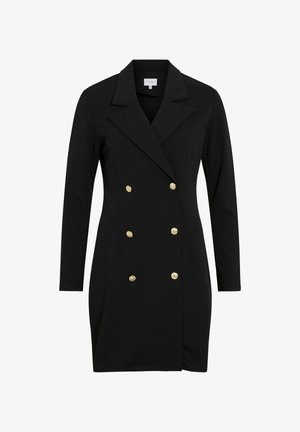 Robe blazer noire à double boutonnage fabriquée en tissu lisse, avec des manches longues et des boutons dorés en accent.