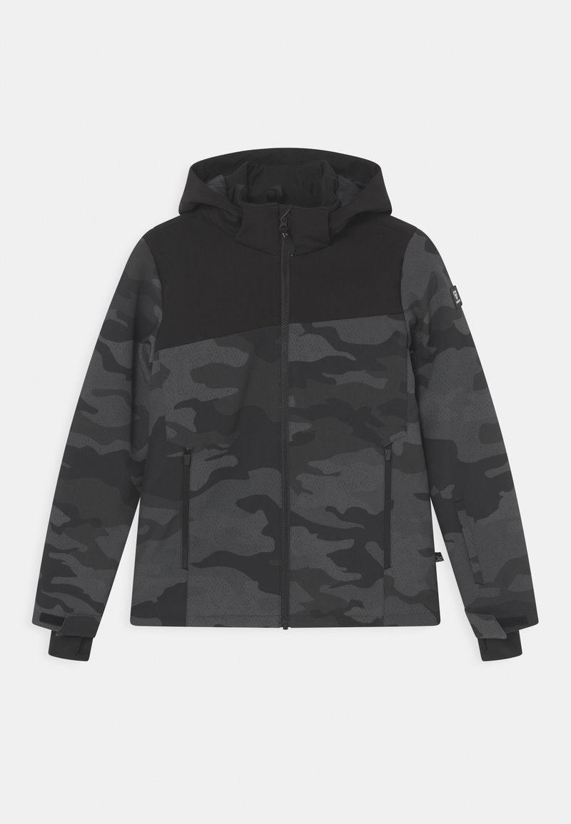 Veste à fermeture éclair à capuche, camouflage noir et gris foncé, manches longues, poches latérales zippées, conçue pour une utilisation en extérieur.