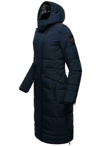 Navy padded coat with a zippered front, detachable hood, and ribbed cuffs. Features side pockets and a logo patch on the sleeve.