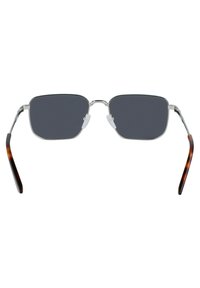 Occhiali da sole rettangolari con lenti grigie e montatura in metallo sottile color argento. Tempi in acetato tartarugato e naselli regolabili.