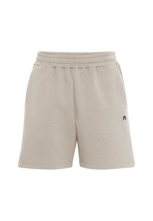 Shorts in cotone beige chiaro con elastico in vita e dettaglio logo nero. Presentano una vestibilità comoda e una texture liscia.