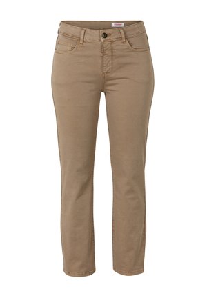 Hellbraune Straight-Leg-Jeans aus einem Baumwoll-Mischgewebe. Verfügt über Fronttaschen und einen einzelnen Knopfverschluss mit Reißverschluss.