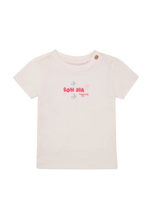 Kurze Ärmel, Creme Baumwoll-T-Shirt mit "BON DIA" in Pink und Blau sowie kleinen Vogelmotiven. Mit Druckknopf an der Schulter.
