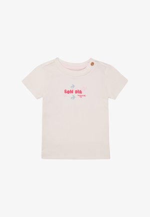 Camiseta de algodón de manga corta en color blanco roto con un gráfico "BON DIA" en rosa y azul, con un botón en el hombro para facilitar el vestir.