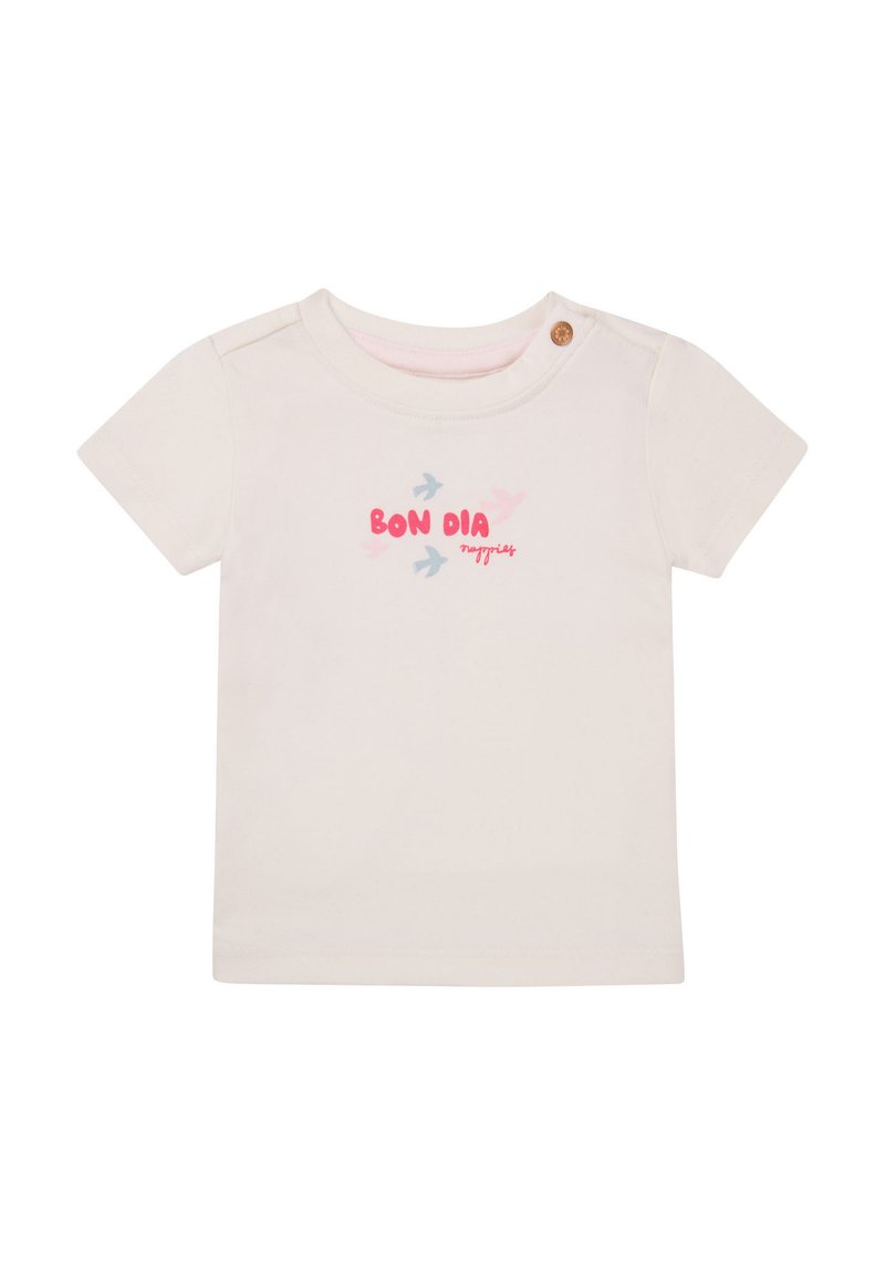 Korte mouwen crème katoenen t-shirt met "BON DIA" in roze en blauw met kleine vogeldesigns. Inclusief een drukknoop bij de schouder.
