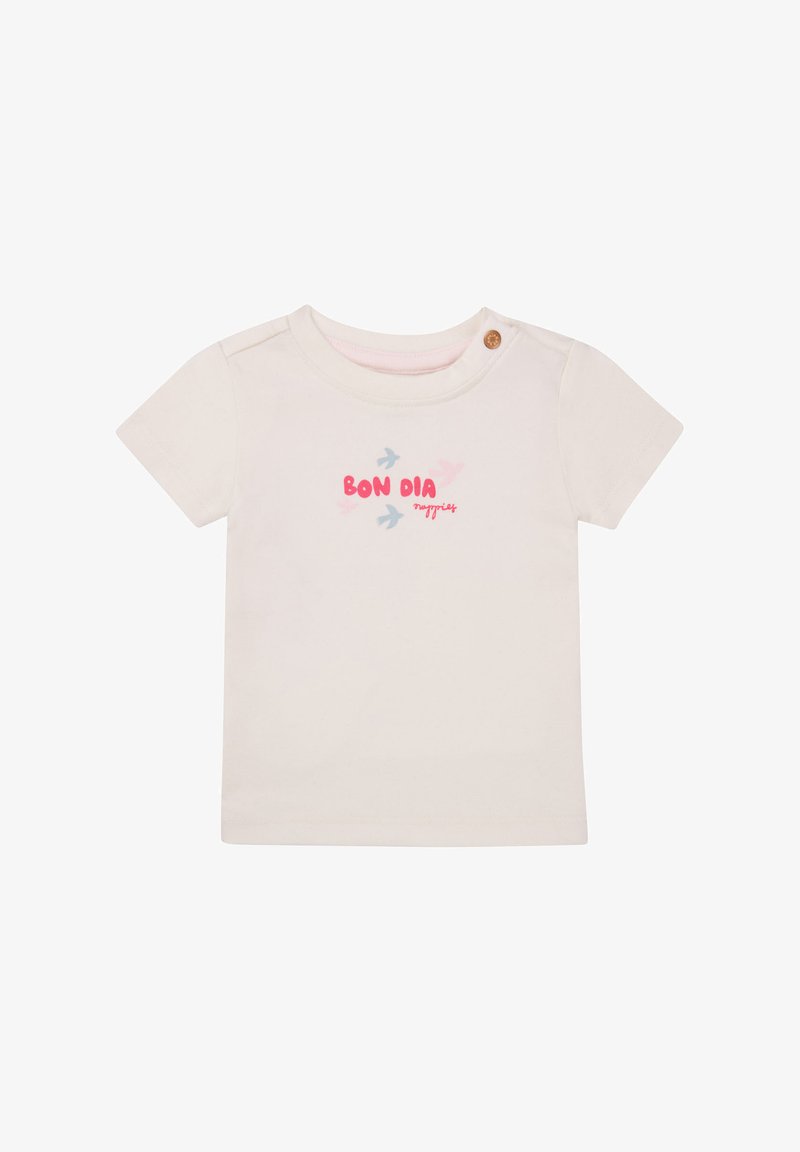 Korte mouwen crème katoenen t-shirt met "BON DIA" in roze en blauw met kleine vogeldesigns. Inclusief een drukknoop bij de schouder.