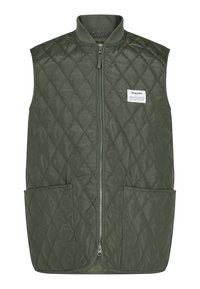 Prošívaná vesta v tmavě zelené barvě, s předním zipem, kulatým výstřihem, dvěma velkými předními kapsami a malou nášivkou značky na levé hrudi.