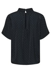 Blusa nera a maniche corte con collo alto, caratterizzata da un'apertura a goccia sulla schiena e piccoli motivi a puntini bianchi su tutto il tessuto.