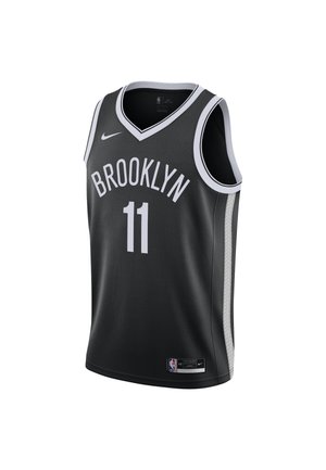 Czarny koszulkę do koszykówki Brooklyn z białym obszyciem, numer 11 na przodzie, logo Nike na prawej piersi oraz naszywka NBA na dolnym brzegu.