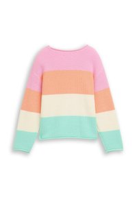 Geribde trui met horizontale strepen in roze, perzik, roomwit en muntgroen. Brede halslijn en iets cropped lengte.