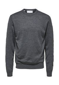 Gray knitted sweatshirt with a round neckline, long sleeves, and ribbed cuffs and hem. Soft texture, no patterns or embellishments.