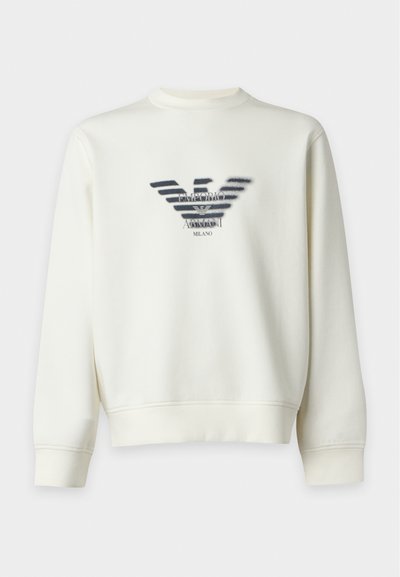 Sweat-shirt blanc à manches longues avec col rond et logo Emporio Armani Milano noir ainsi qu'un symbole d'aigle au centre devant.