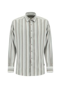 Jasnoszary longsleeve z pionowymi beżowymi paskami, z zapięciem na guziki, kołnierzykiem i kontrastującymi mankietami. Miękka tkanina o gładkiej fakturze.